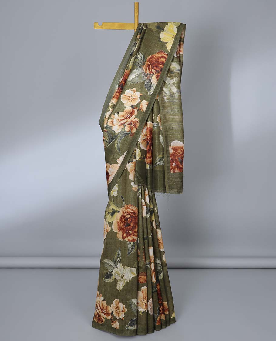 Borderless green floral printed semi-banaras tussar saree, floral printed pallu
