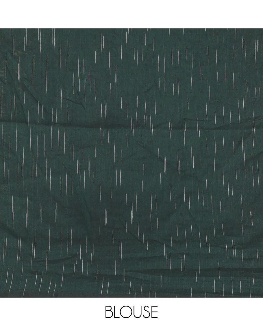Borderless Green Khadi Mul Cotton Saree Decked with Jharna-Style Waterdrop Motifs, Featuring a Gleaming Zari-Woven Pallu, Paired with a Matching Blouse Replicating the Body Motifs - Image 4
