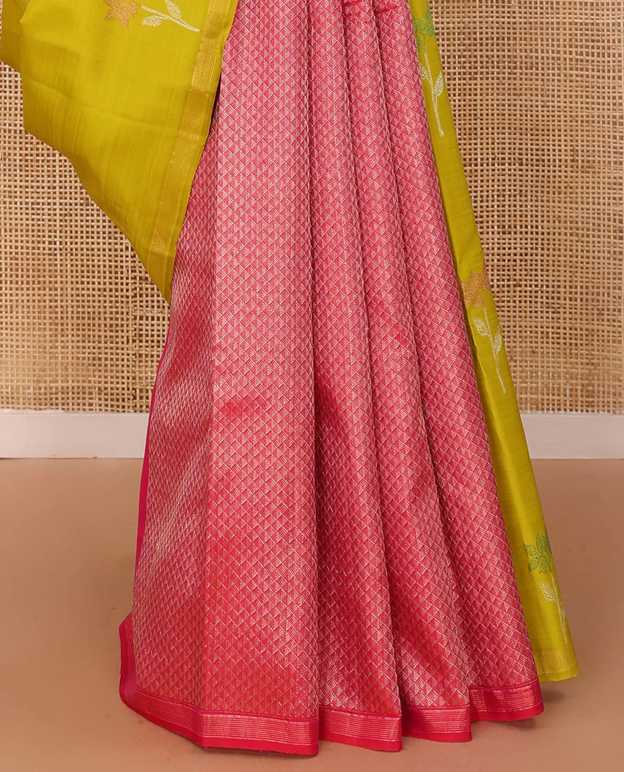 Borderless green-pink half-and-half Kanchipuram silk saree features floral meena buttas, and ara maadam design, contrast traditional motifs zari woven pallu - Image 5