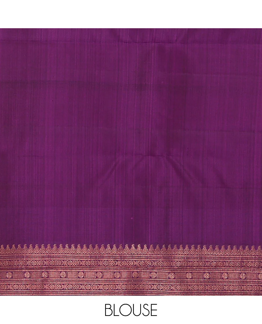 Borderless green-pink half-and-half Kanchipuram silk saree features floral meena buttas, and ara maadam design, contrast traditional motifs zari woven pallu - Image 6