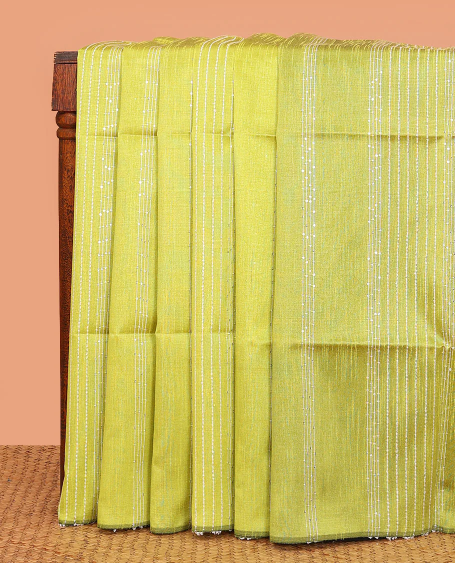 Borderless green sequins striped dupion saree, contrast sequins striped pallu