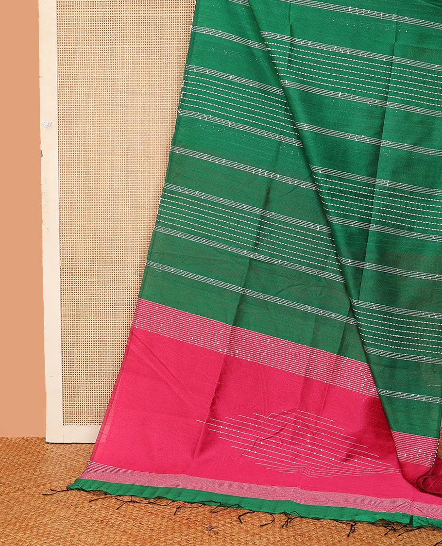 Borderless green sequins striped dupion saree, contrast sequins striped pallu - Image 2
