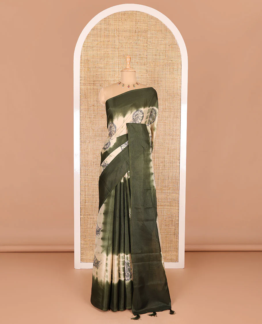 Borderless green shibori printed with shell motifs, blockprinted Manipur tussar saree, shibori printed pallu, and a plain matching blouse - Image 2
