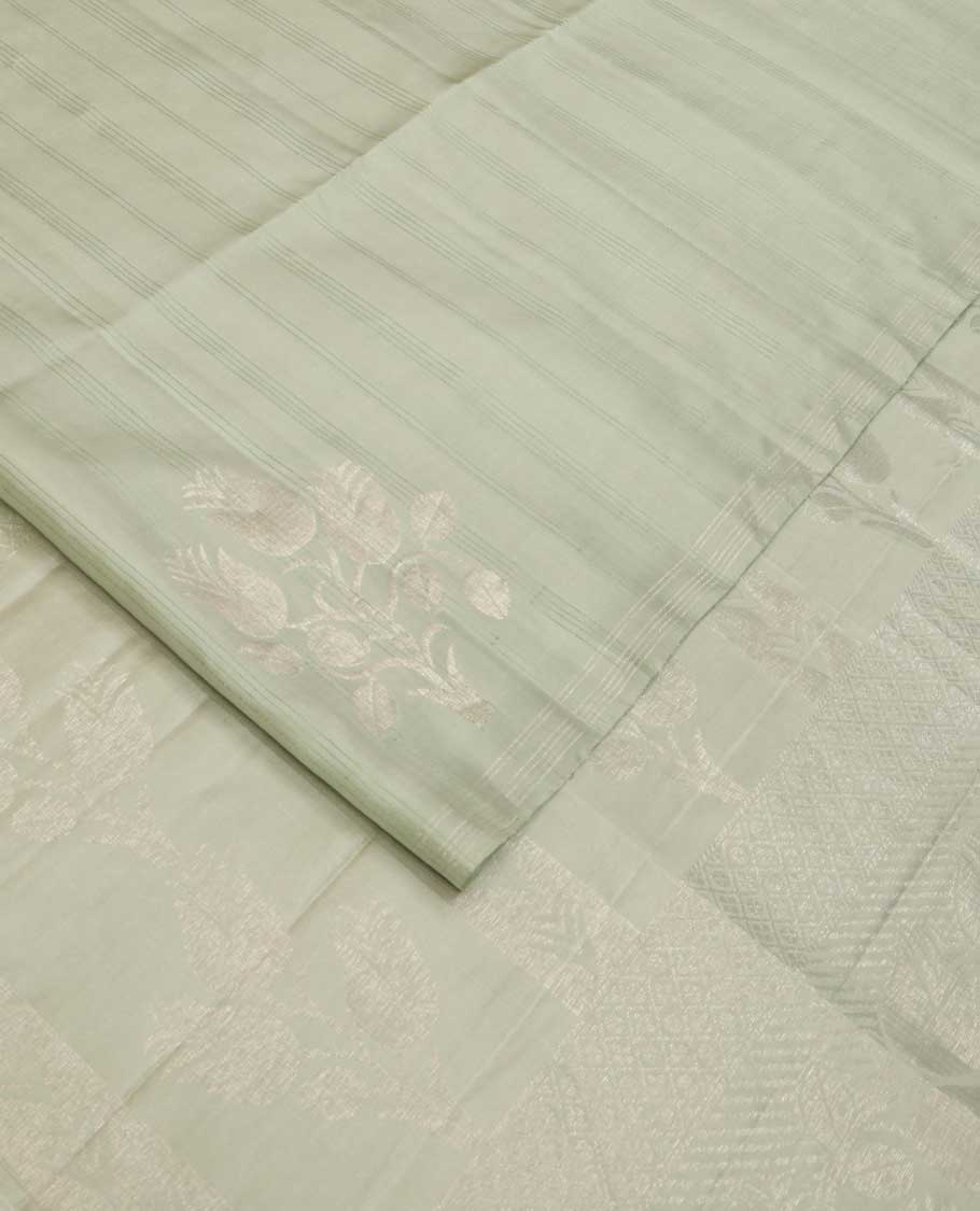 Borderless green striped and floral zari buttas Mayuri soft silk saree, zari pallu of floral designs - Image 2