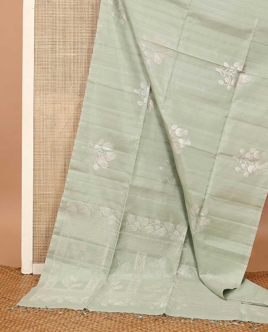 Borderless green striped and floral zari buttas Mayuri soft silk saree, zari pallu of floral designs - Image 3