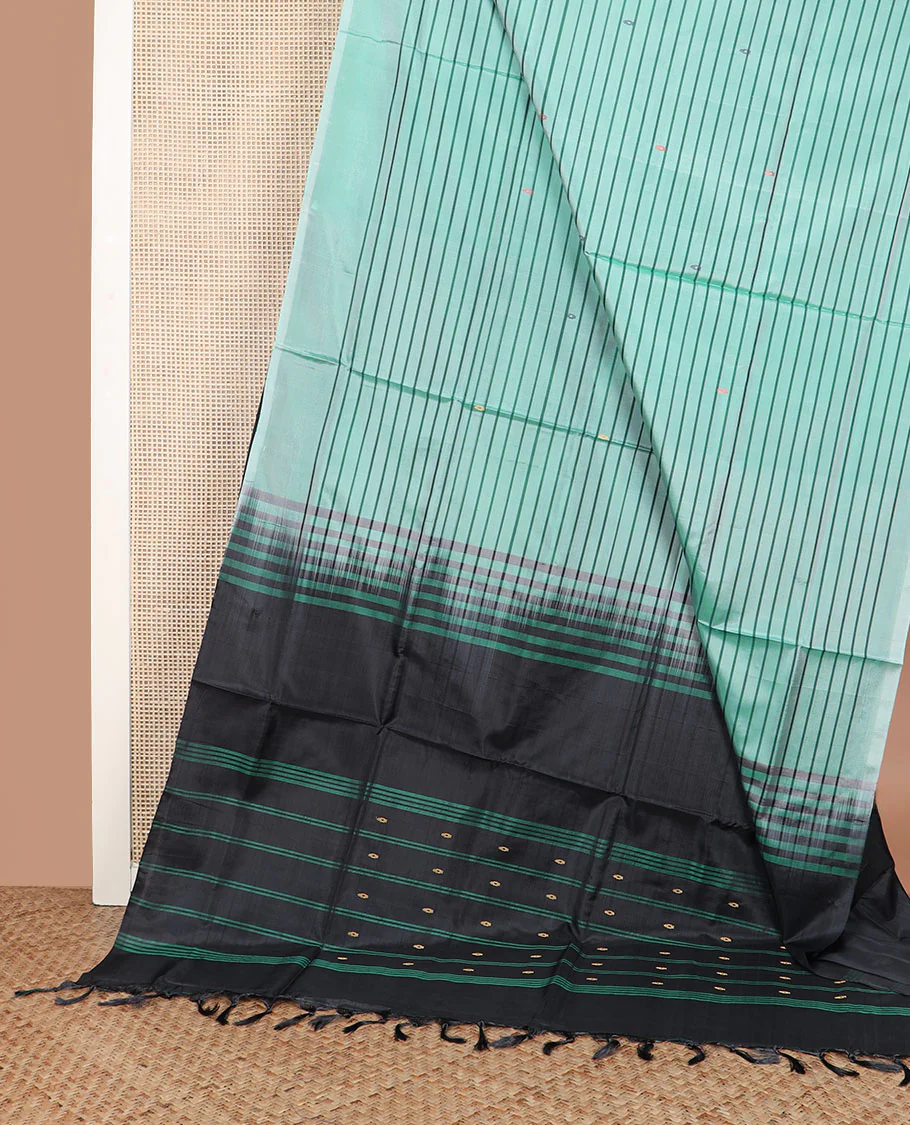 Borderless green stripes and buttas banana pith saree, contrast pallu of buttas and stripes - Image 2