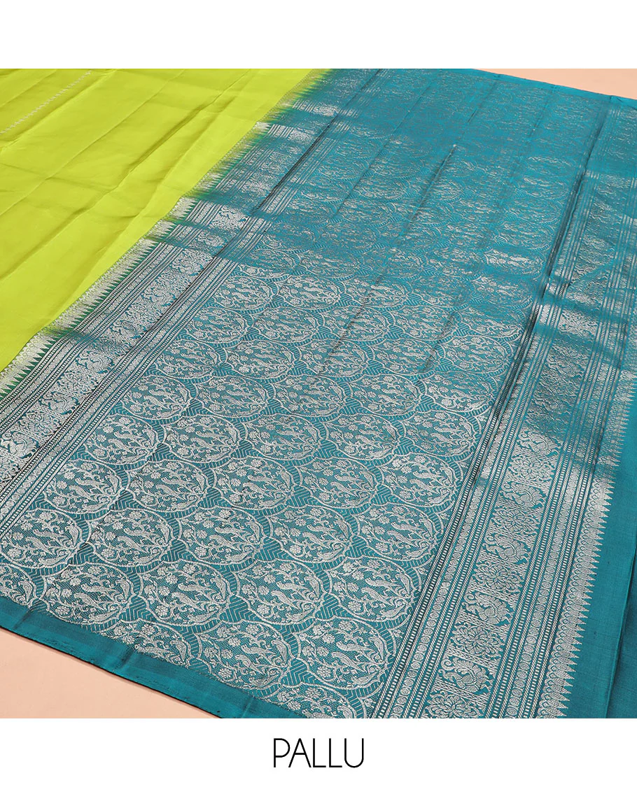 Borderless green zari buttas Kanchipuram silk saree, contrast pallu of thilakam mokku, banaras, muthu, rudraksham, annam, and floral-bird motifs - Image 5