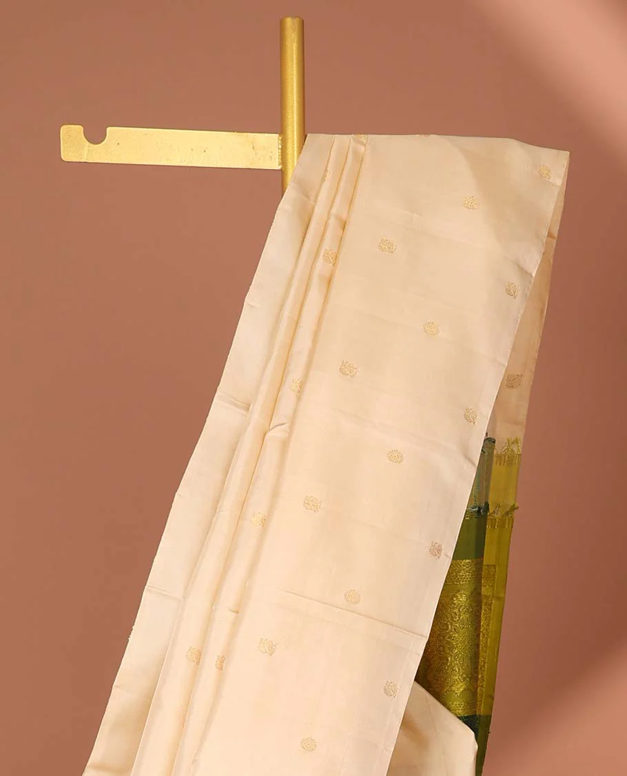 Borderless sandal zari buttas Kanchipuram silk saree, contrast multi-color pallu of intricate designs - Image 3