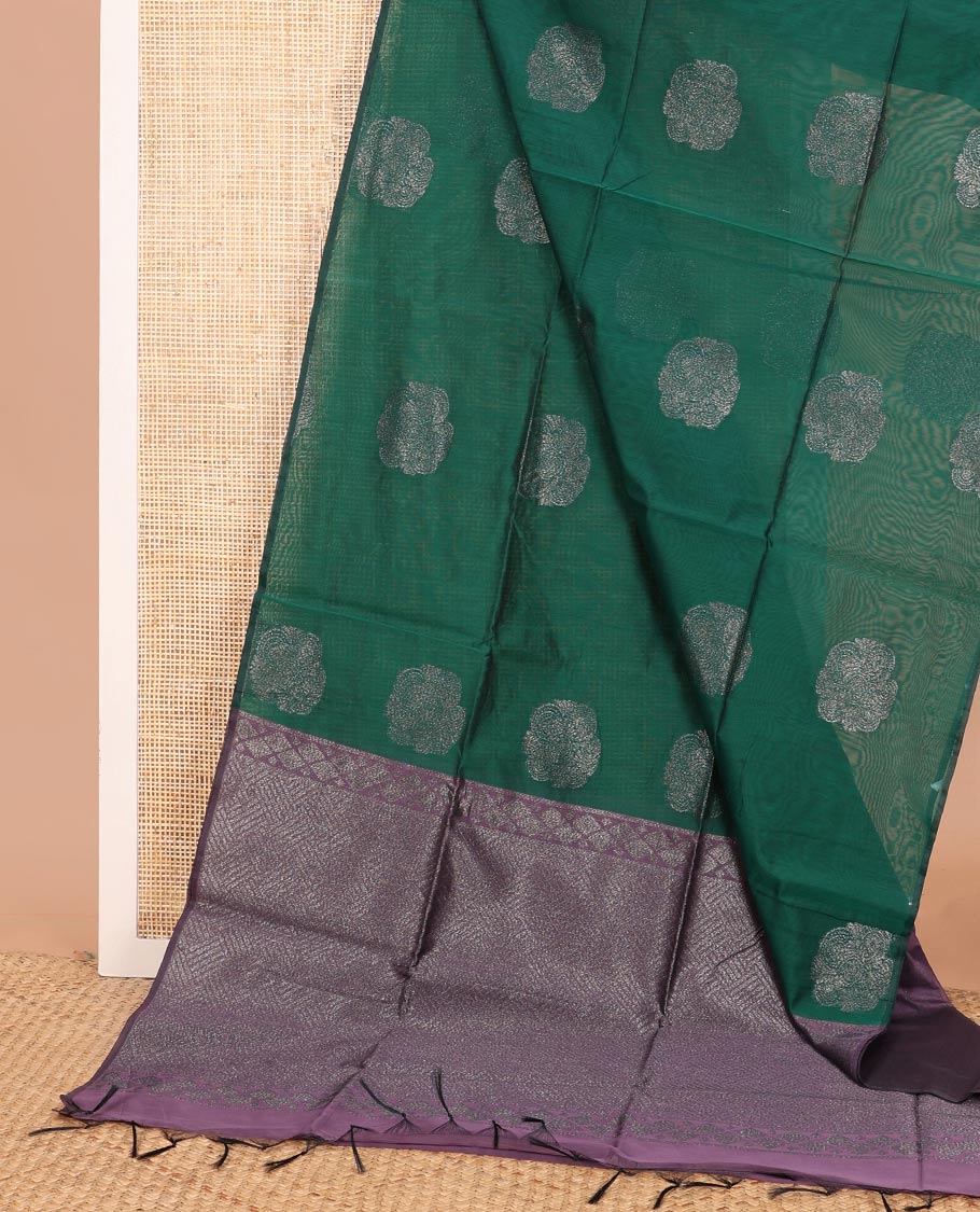 Borderless green zari buttas semi-silk cotton saree, contrast zari woven pallu - Image 2