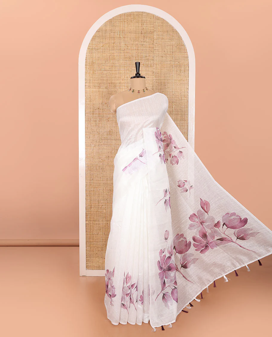 Borderless Half-White and Lavender-Shaded Green Silk Saree Enthralled with Floral Motifs Digital Print All Over Its Body, Elegantly Floral Printed Pallu, and Paired with a Floral Motifs Printed Blouse