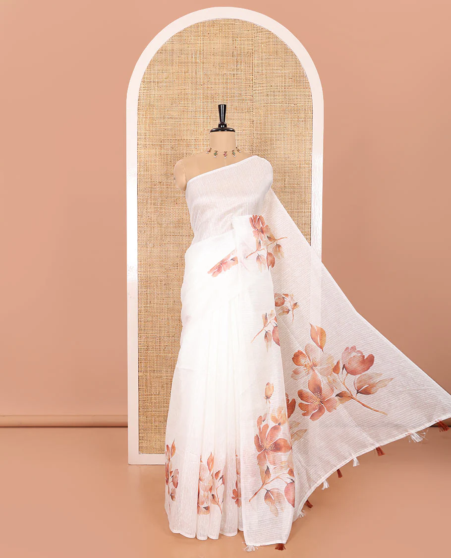 Borderless Half-White and Orange-Shaded Green Silk Saree Adorned with Floral Motifs Digital Print All Over Its Body, Elegantly Floral Printed Pallu, and Paired with a Floral Motifs Printed Blouse