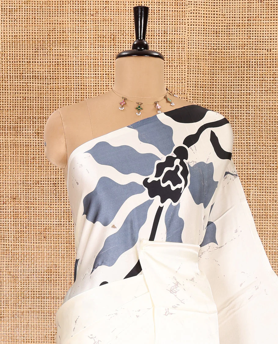 Borderless half-white-grey batik-style abstract floral printed gajji silk saree, batik abstract printed pallu, and a batik printed blouse - Image 2