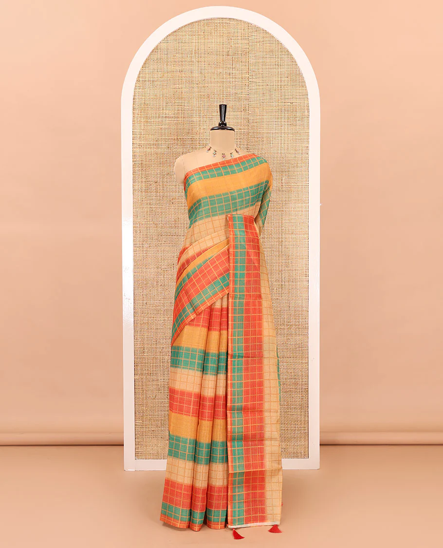 Borderless horizontally striped and checked linen cotton saree, self-pallu, and small checks rainbow theme printed blouse - Image 2