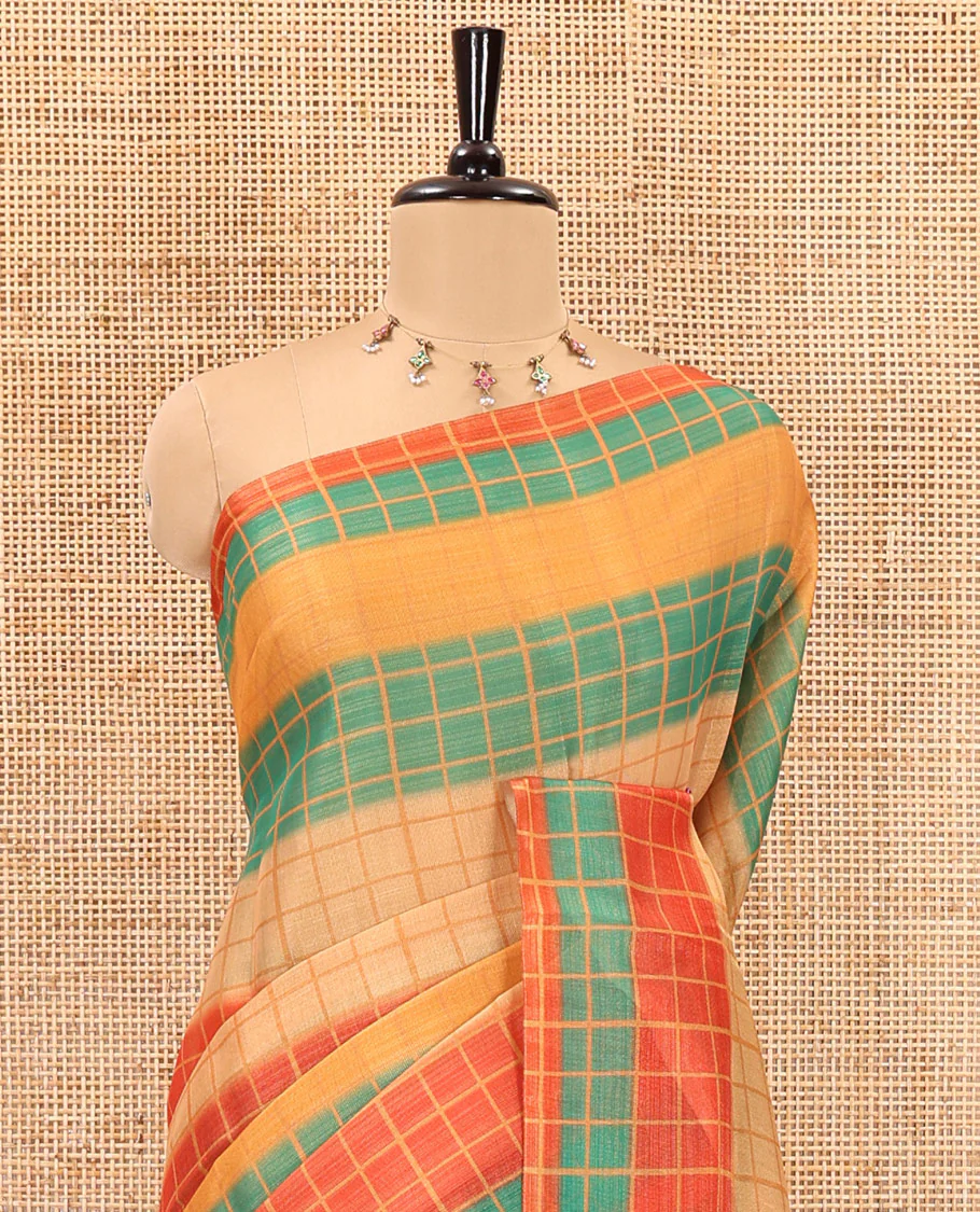 Borderless horizontally striped and checked linen cotton saree, self-pallu, and small checks rainbow theme printed blouse - Image 3