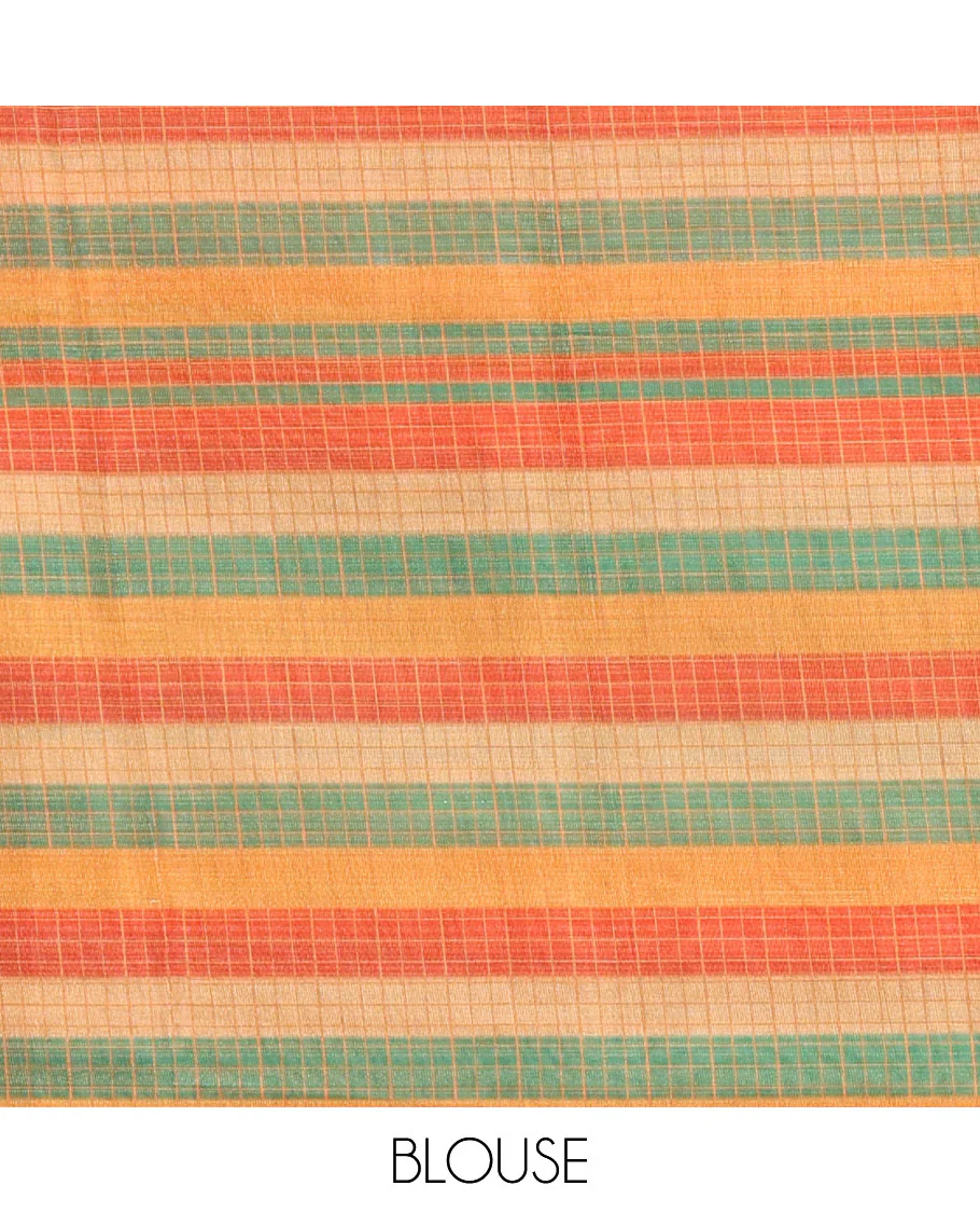 Borderless horizontally striped and checked linen cotton saree, self-pallu, and small checks rainbow theme printed blouse - Image 4