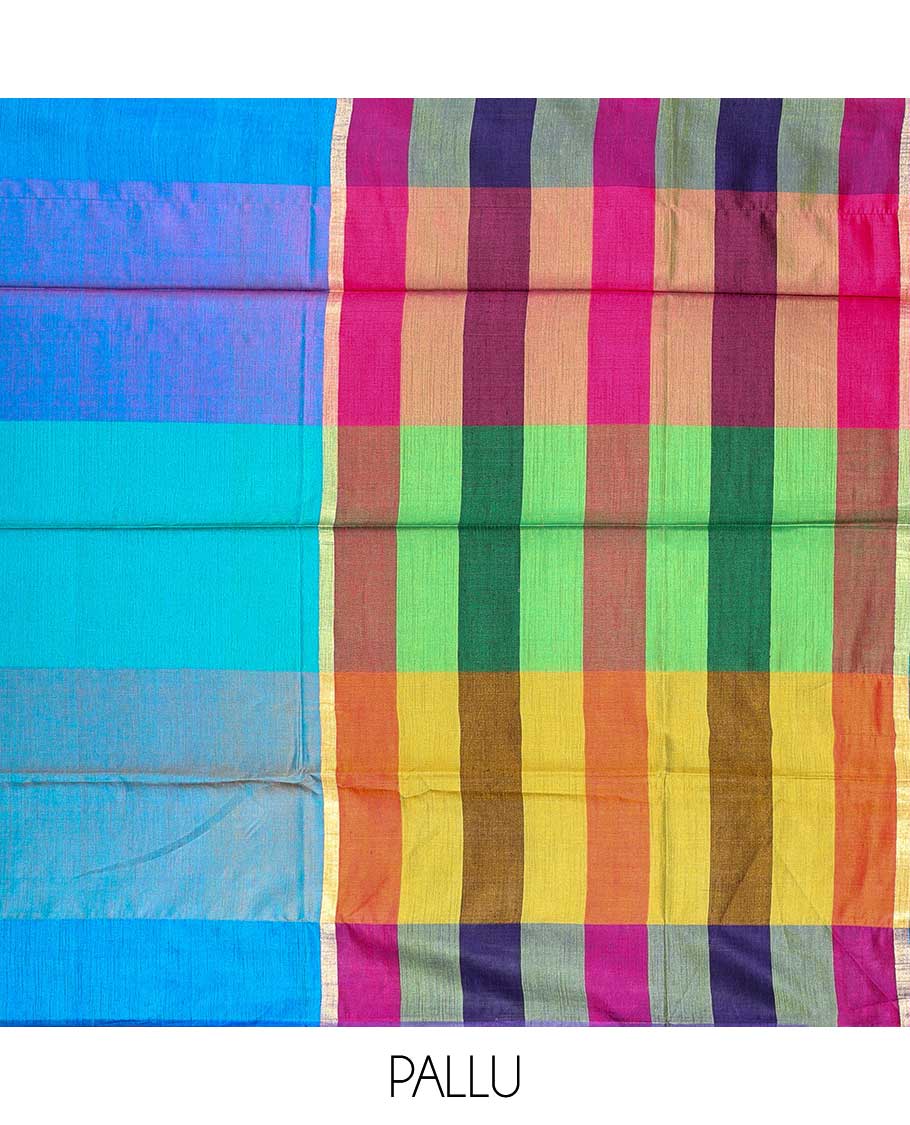 Borderless kaleidoscopic-coloured checked design semi banaras linen saree - Image 3