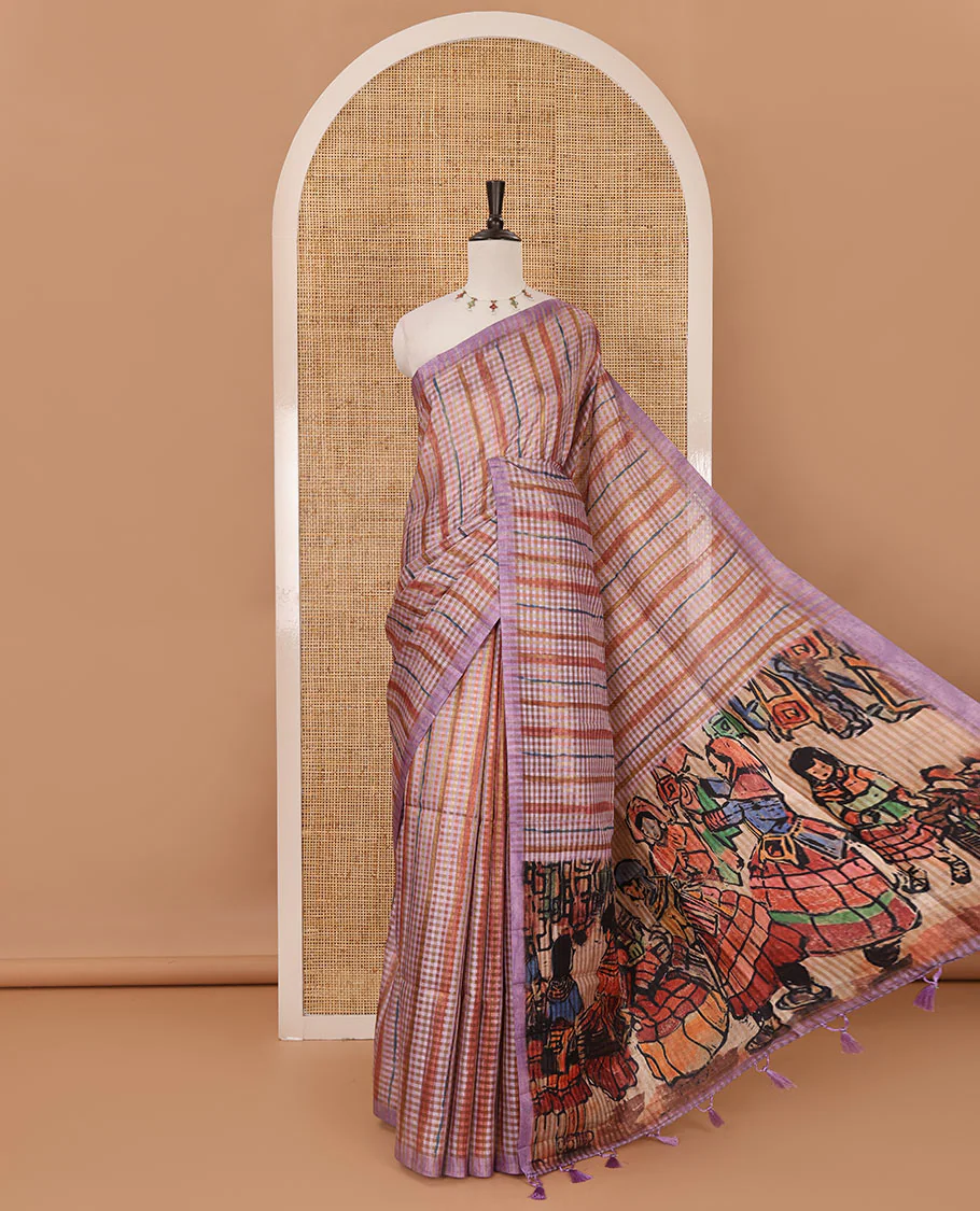 Borderless lavender checked & stripes printed fancy tussar saree, contrast painting-style Indian woven motifs printed pallu & checked printed blouse
