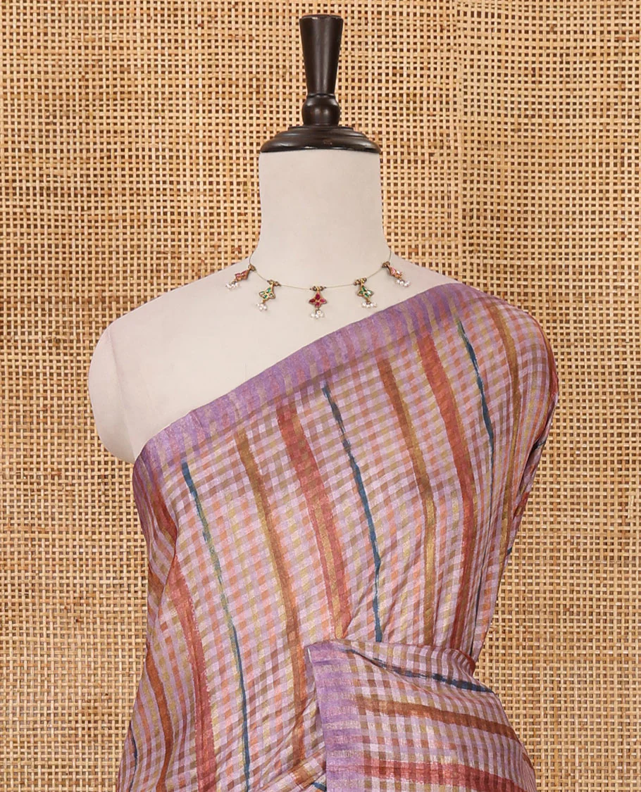 Borderless lavender checked & stripes printed fancy tussar saree, contrast painting-style Indian woven motifs printed pallu & checked printed blouse - Image 3