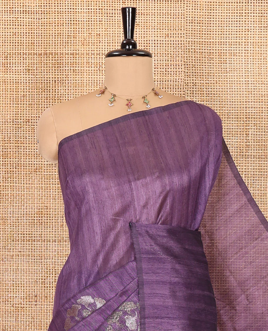 Borderless lavender floral buttas matka silk saree, contrast striped and buttas pallu, and a zari buttas woven blouse - Image 2