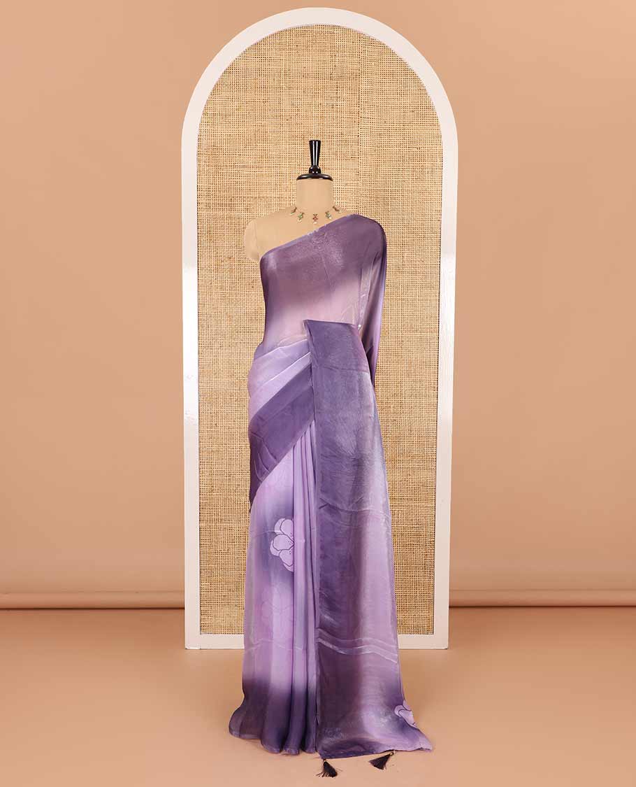 Borderless lavender floral motifs printed fendy satin saree with a self-pallu and a matching blouse - Image 2