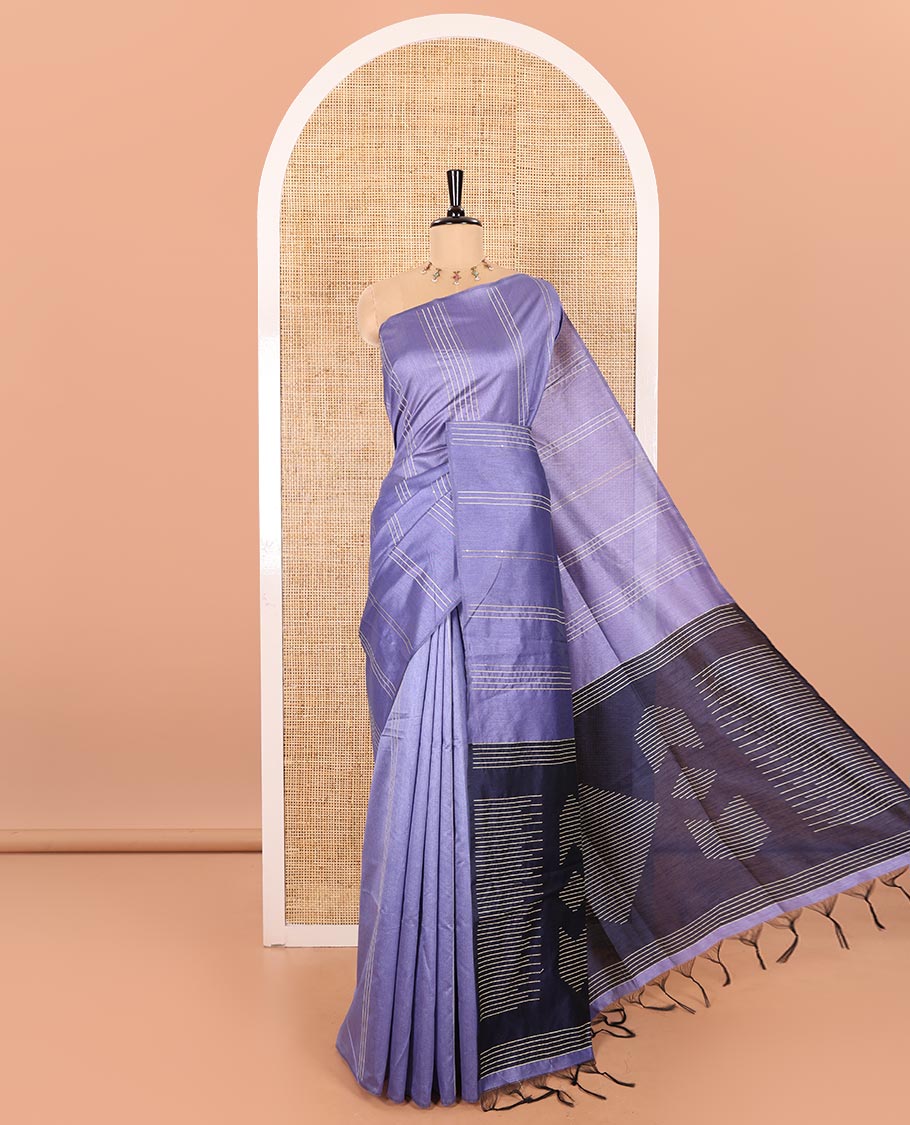 Borderless Lavender Semi-Raw Silk Saree Featuring Elegant Vertical Sequin Stripes Running Across the Body, Complemented by a Contrast Thread-Work Pallu and Paired with a Contrast Blouse
