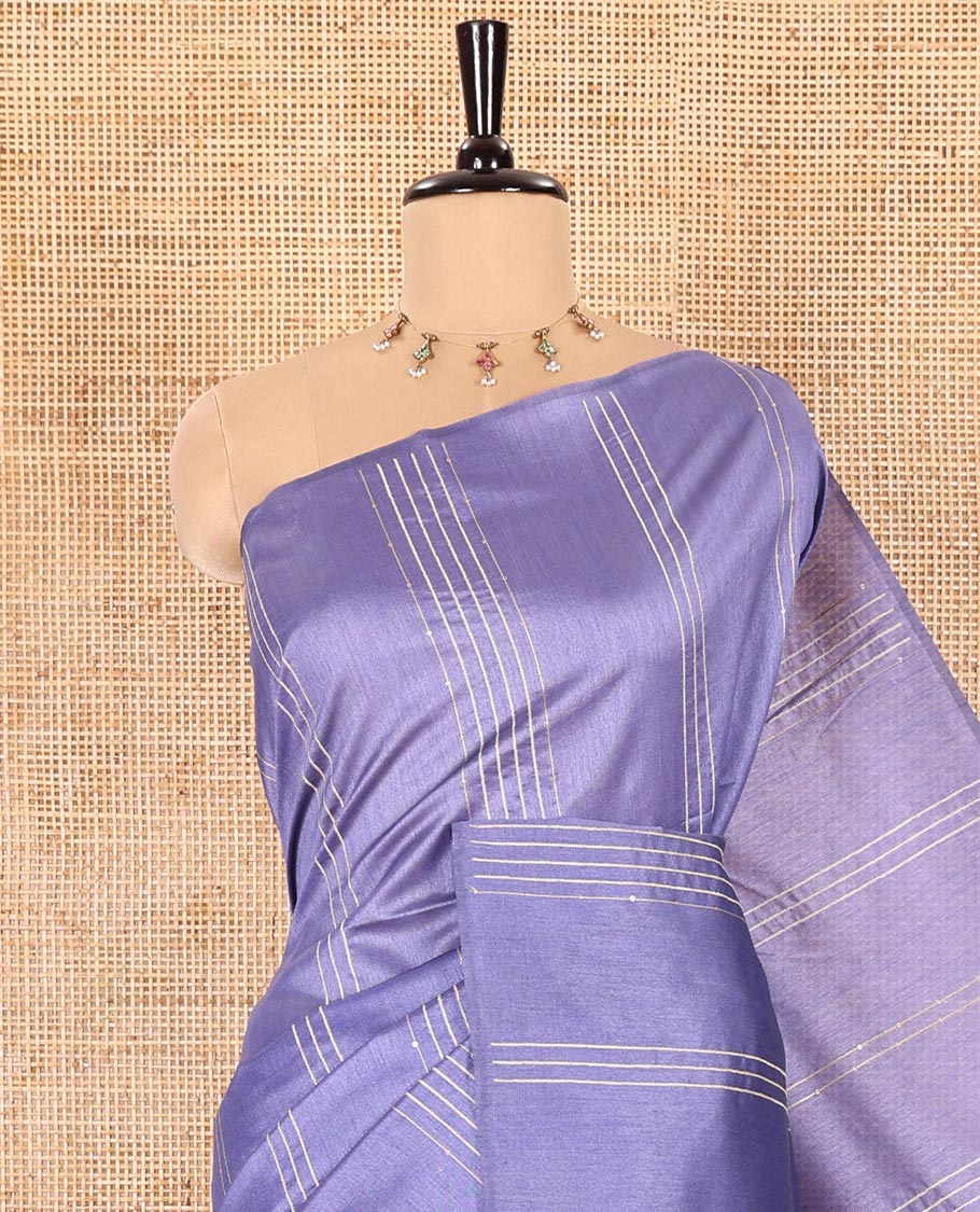 Borderless Lavender Semi-Raw Silk Saree Featuring Elegant Vertical Sequin Stripes Running Across the Body, Complemented by a Contrast Thread-Work Pallu and Paired with a Contrast Blouse - Image 2
