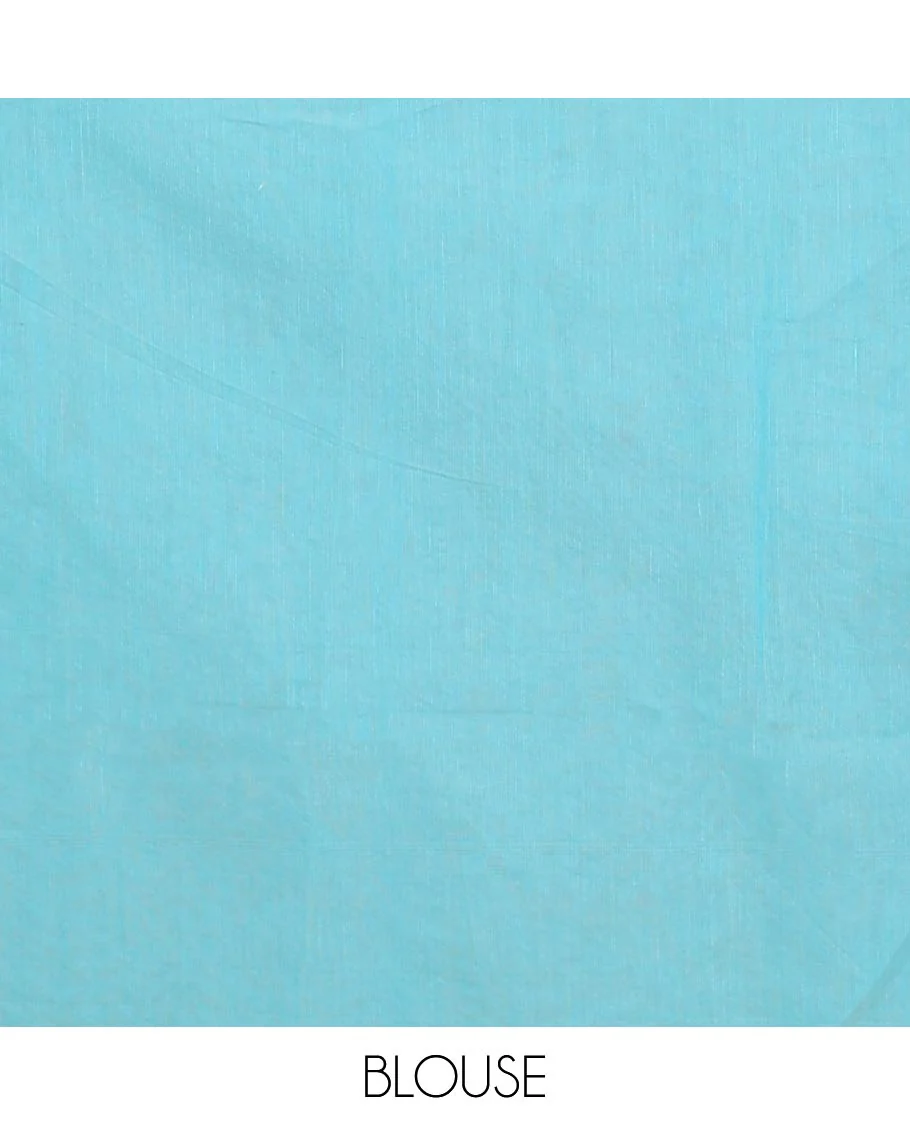Borderless light blue floral buttas semi-silk cotton saree, Mughal-style motifs woven pallu - Image 3