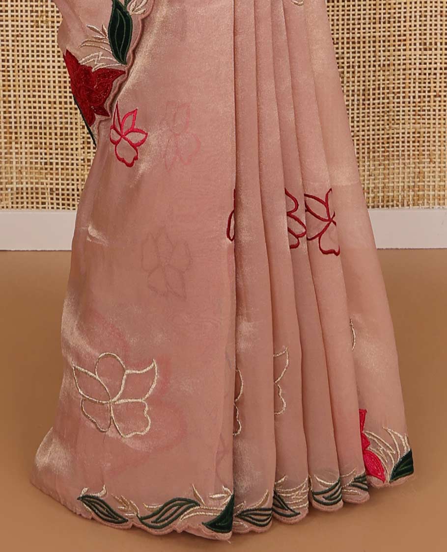 Borderless light pink floral embroidery tissue saree - Image 4