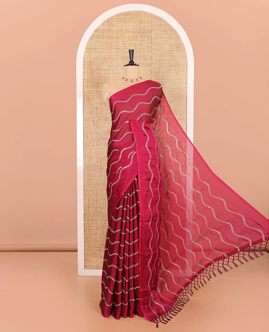 Borderless Magenta Rangoli Chiffon Saree Featuring Sequins-Embroidered Zig-Zag Stripes Woven Across Its Body and Pallu, Comes Without a Blouse