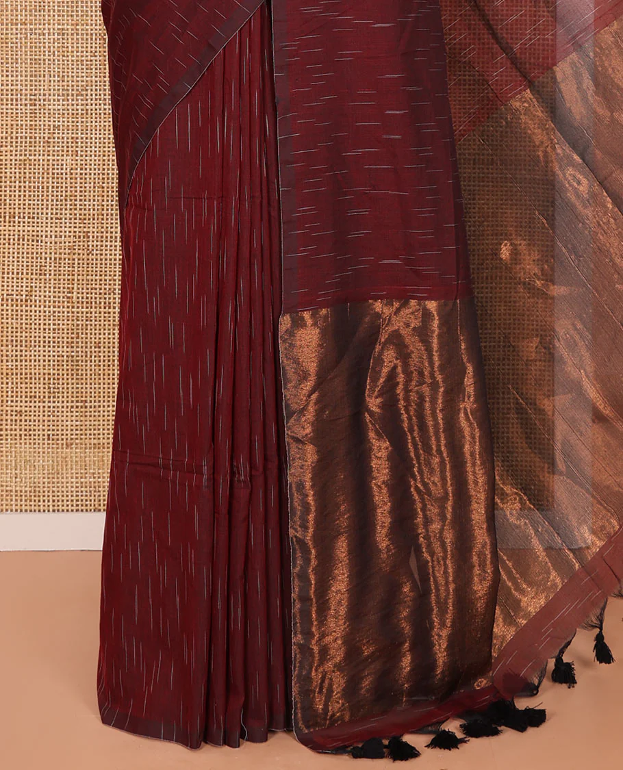 Borderless Maroon  Khadi Mul Cotton Saree Decked with Jharna-Style Waterdrop Motifs, Featuring a Gleaming Zari-Woven Pallu, Paired with a Matching Blouse Replicating the Body Motifs - Image 3
