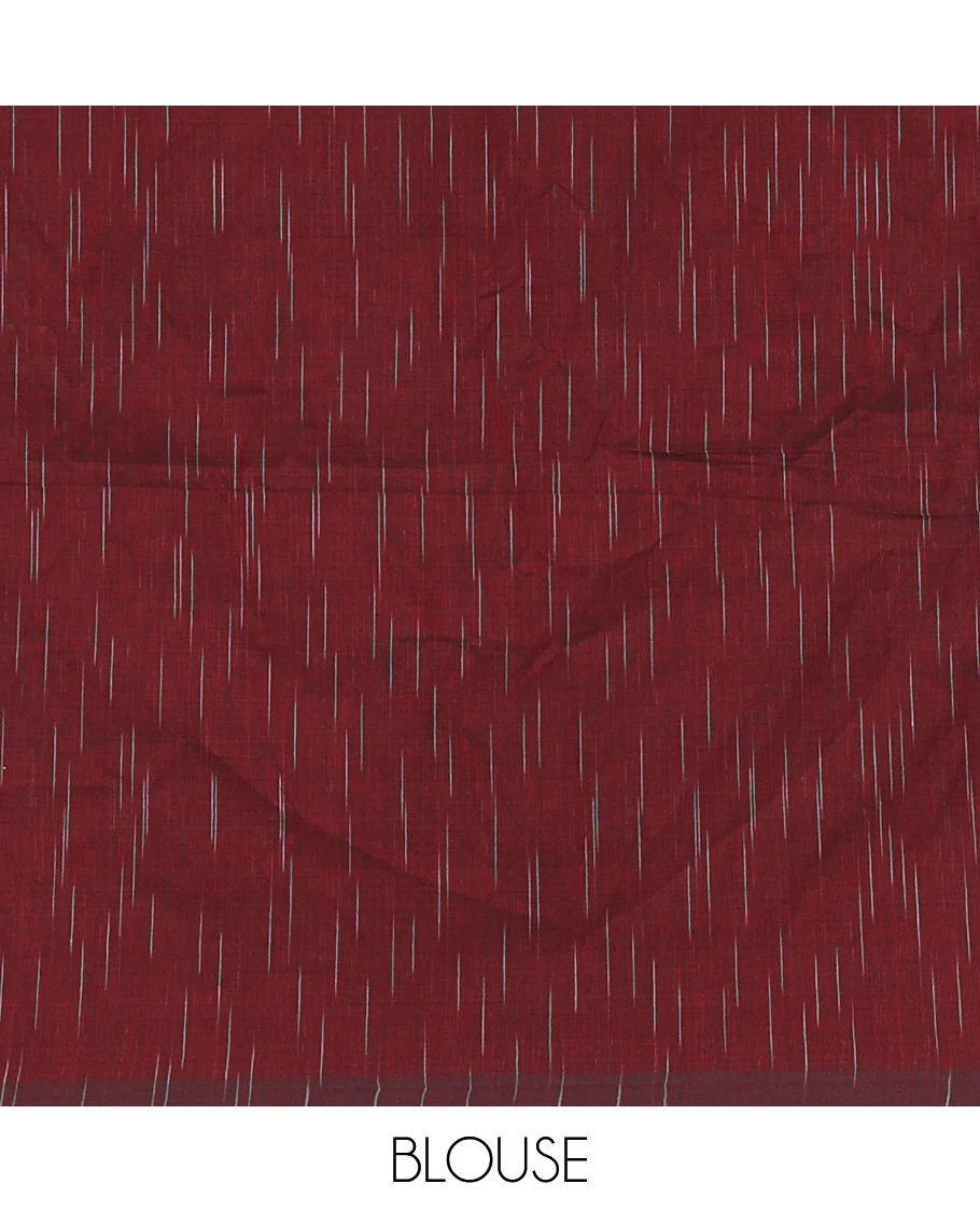 Borderless Maroon  Khadi Mul Cotton Saree Decked with Jharna-Style Waterdrop Motifs, Featuring a Gleaming Zari-Woven Pallu, Paired with a Matching Blouse Replicating the Body Motifs - Image 4
