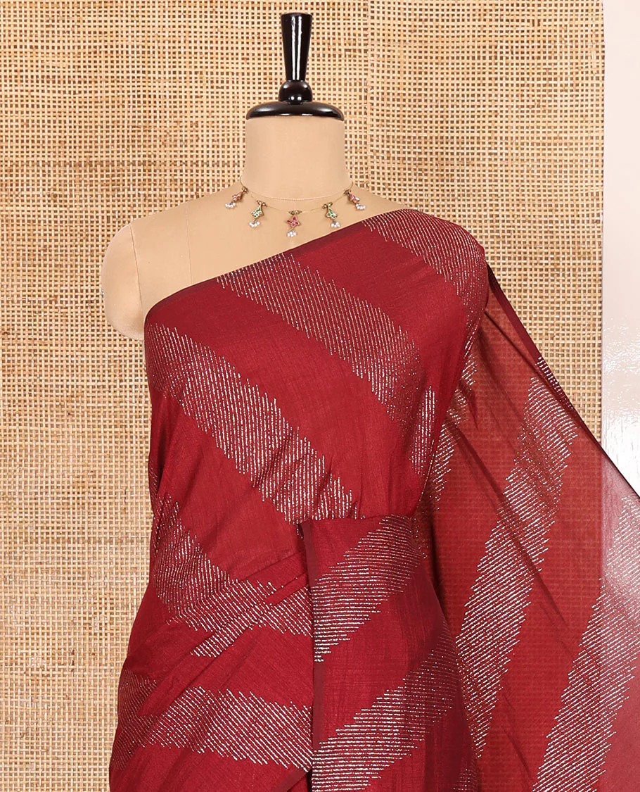Borderless maroon leheriya-striped foil-printed Vichitra silk saree with a self pallu and no blouse - Image 2