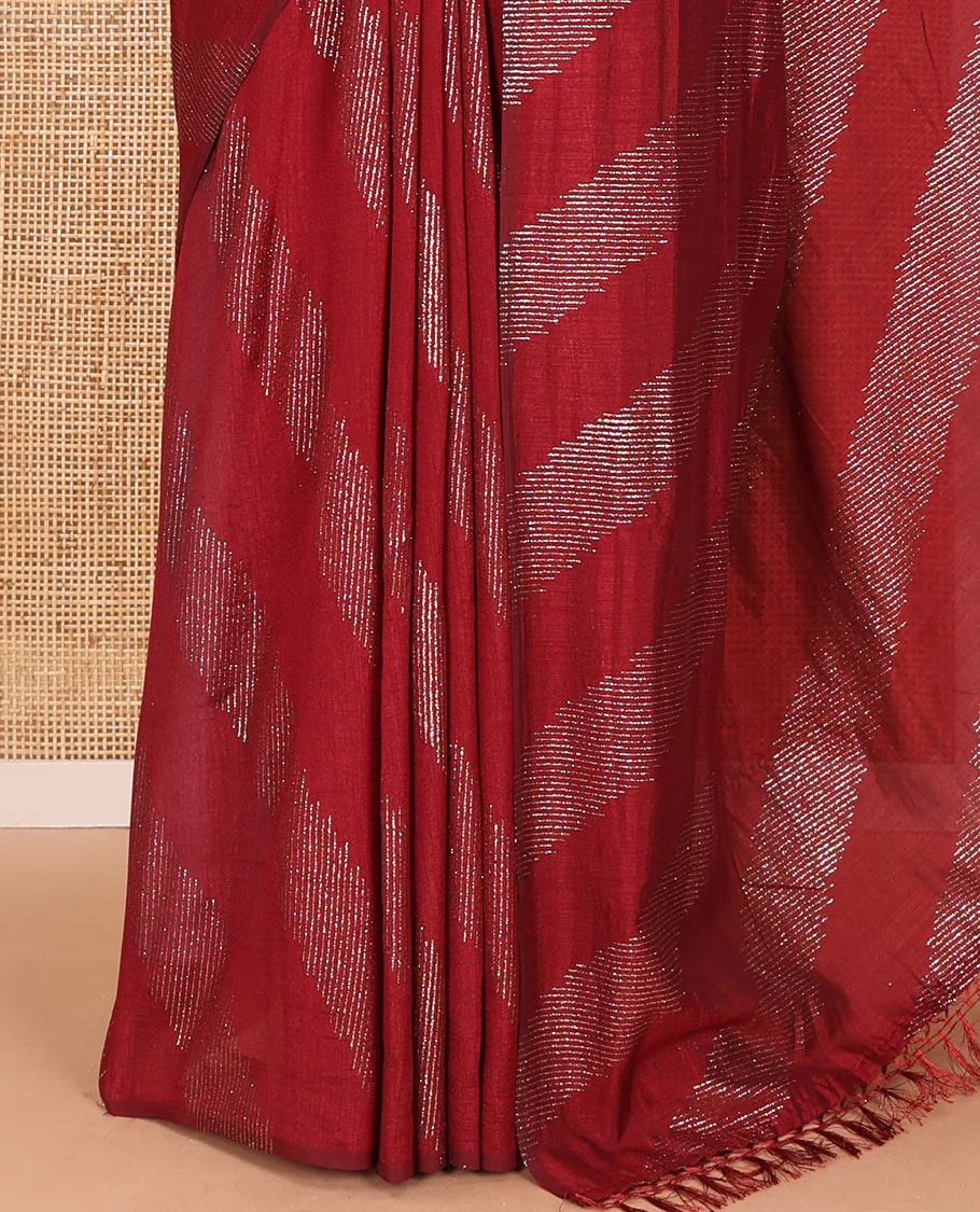 Borderless maroon leheriya-striped foil-printed Vichitra silk saree with a self pallu and no blouse - Image 3