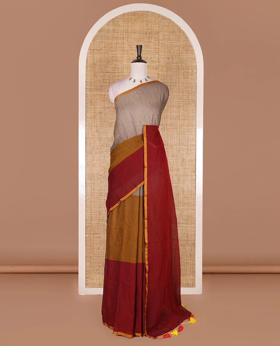 Borderless Maroon ombre style tri-colored plain Khadi mul cotton saree with full plain blouse - Image 2