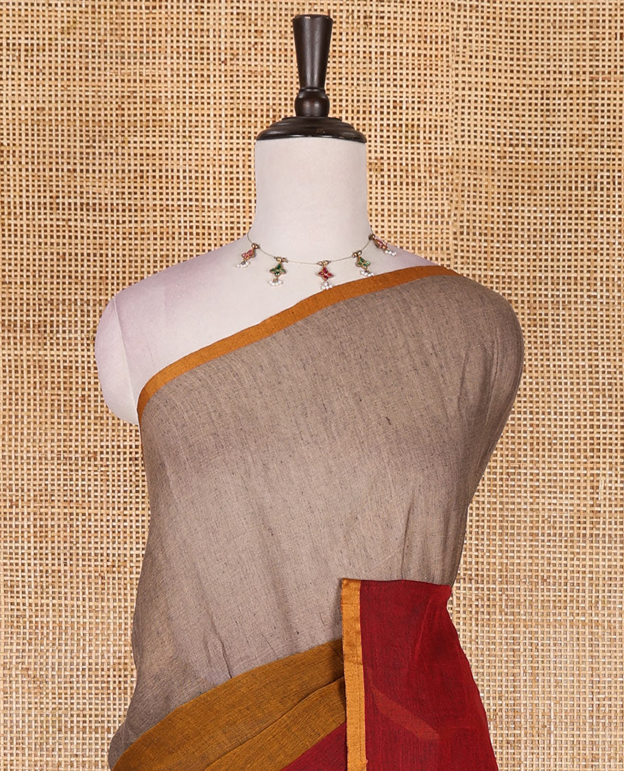 Borderless Maroon ombre style tri-colored plain Khadi mul cotton saree with full plain blouse - Image 3