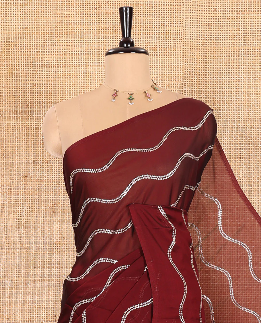 Borderless Maroon Rangoli Chiffon Saree Featuring Sequins-Embroidered Zig-Zag Stripes Woven Across Its Body and Pallu, Comes Without a Blouse - Image 2