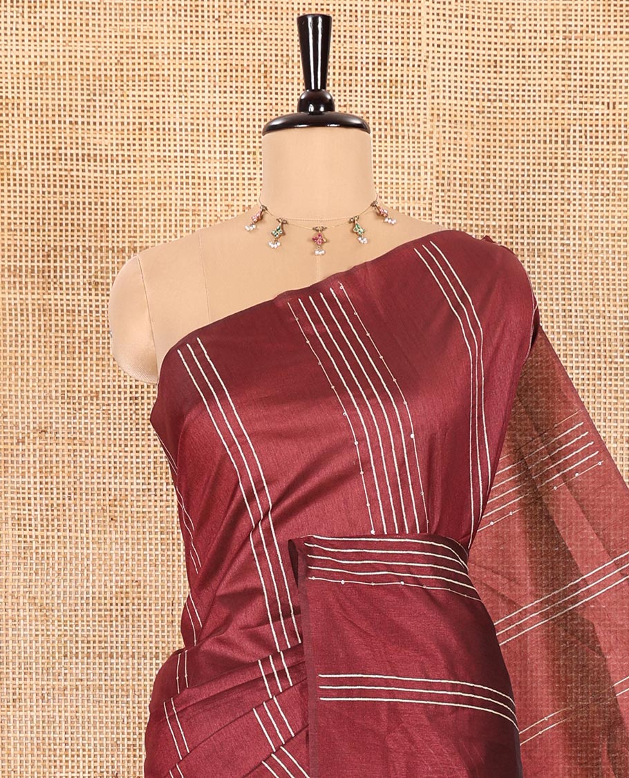 Borderless Maroon Semi-Raw Silk Saree Featuring Elegant Vertical Sequin Stripes Running Across the Body, Complemented by a Contrast Thread-Work Pallu and Paired with a Contrast Blouse - Image 2
