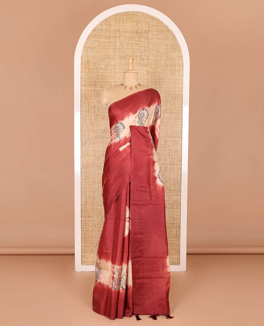 Borderless maroon shibori printed with shell motifs, blockprinted Manipur tussar saree, shibori printed pallu, and a plain matching blouse - Image 2