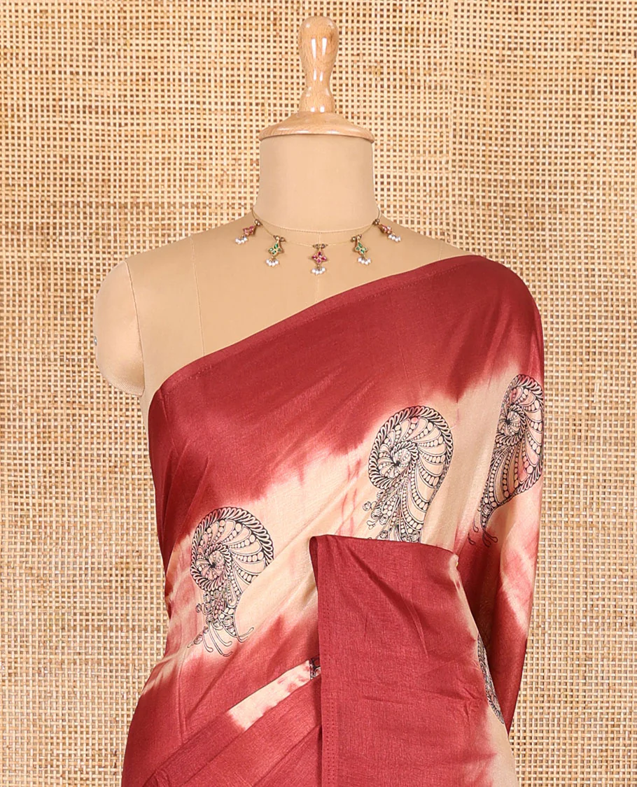 Borderless maroon shibori printed with shell motifs, blockprinted Manipur tussar saree, shibori printed pallu, and a plain matching blouse - Image 3