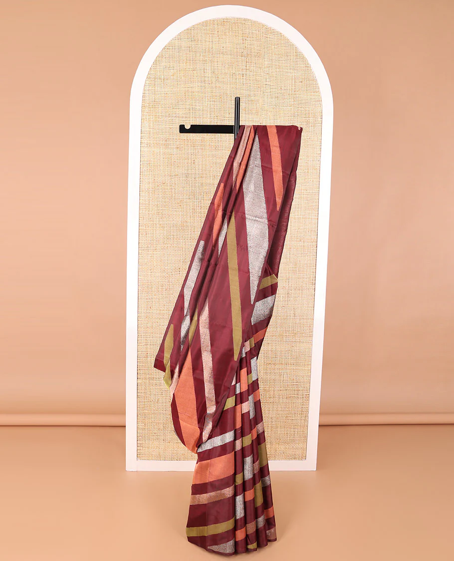 Borderless maroon striped Samudrika silk saree with zari design pallu
