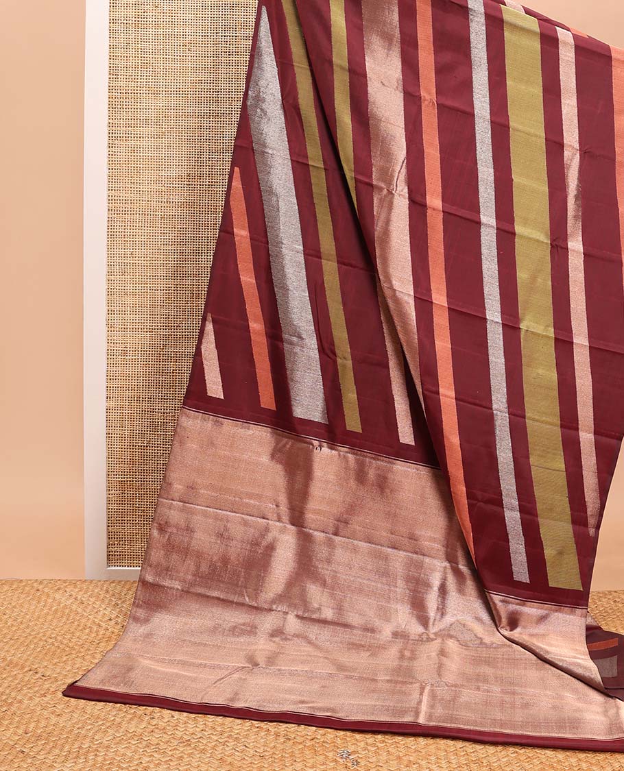 Borderless maroon striped Samudrika silk saree with zari design pallu - Image 3