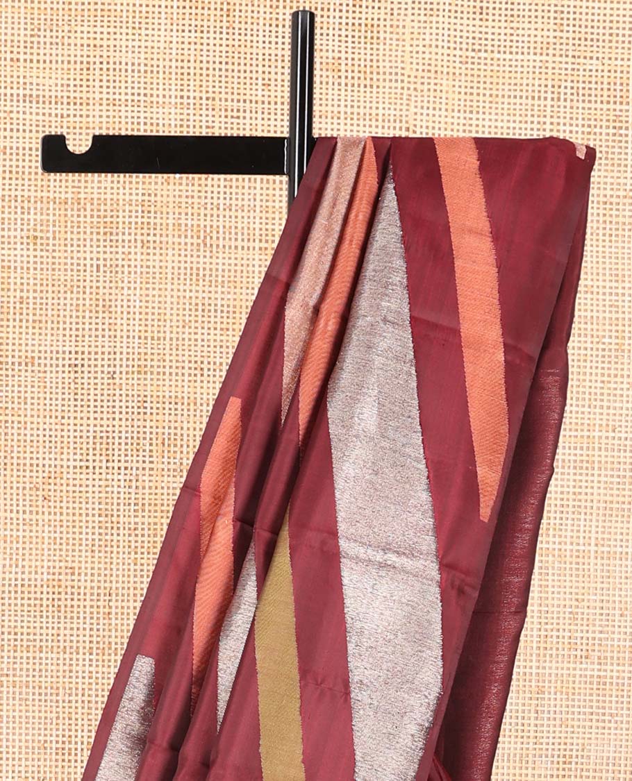 Borderless maroon striped Samudrika silk saree with zari design pallu - Image 4