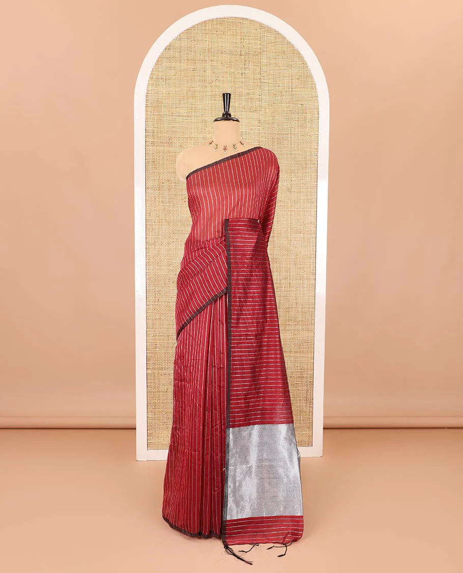 Borderless maroon zari vertically striped khadi mul cotton saree, gleaming zari pallu and a matching blouse - Image 2