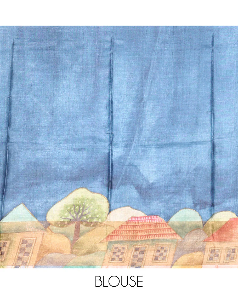 Borderless Multi-Color Checked Tussar Saree Made Spotlighted with a Contrast Pallu Featuring a House Scenery Print, Along with a Contrast House Scenery Printed Blouse - Image 4