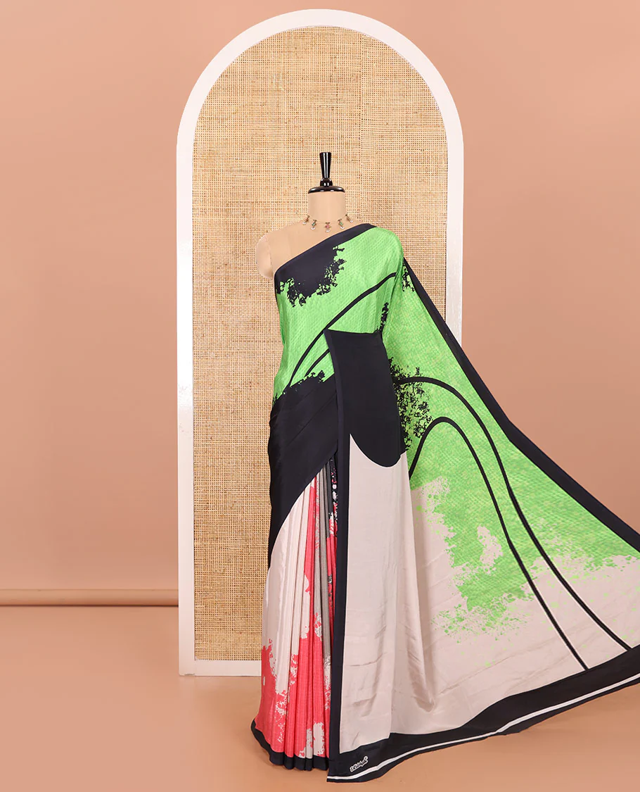 Borderless Multi-Color Crepe Highlighted with Abstract Color-Dyed and Geometric Print, Paired with a Matching Plain Blouse