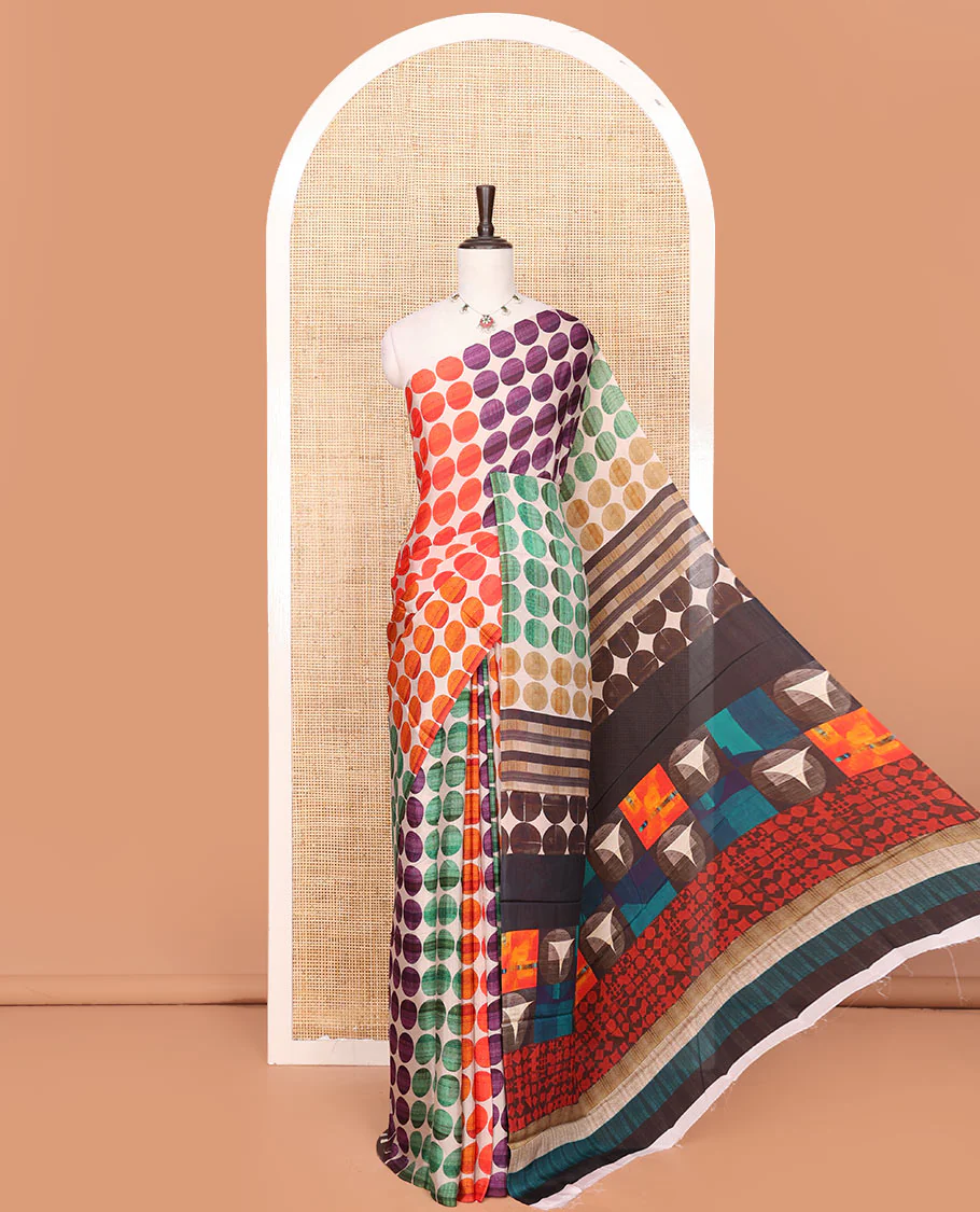 Borderless Multi-Color Georgette Saree Steeped with Circle Motifs All Over Its Body, Complemented by a Contrast Pallu of Different Geometric Motif Prints, and Paired with a Contrast Geometric Printed Blouse