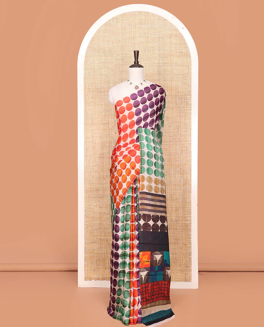 Borderless Multi-Color Georgette Saree Steeped with Circle Motifs All Over Its Body, Complemented by a Contrast Pallu of Different Geometric Motif Prints, and Paired with a Contrast Geometric Printed Blouse - Image 2