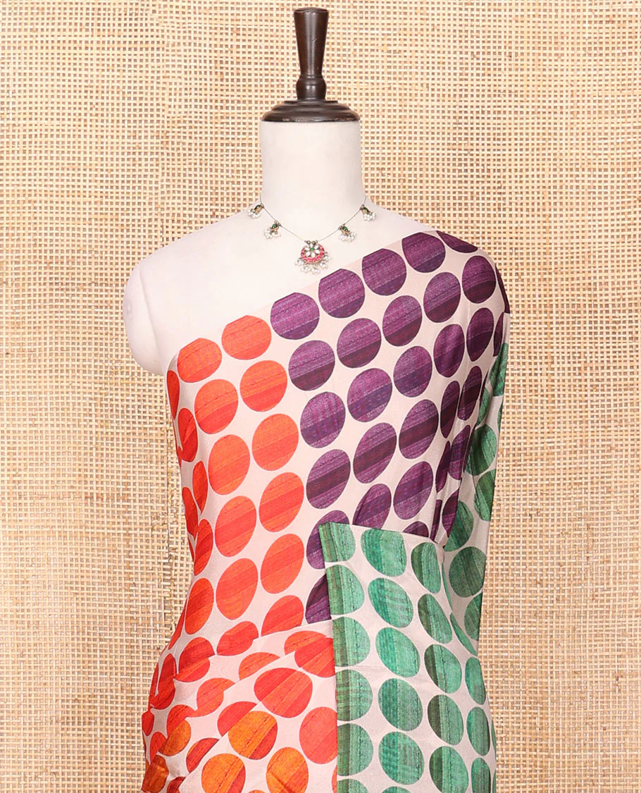 Borderless Multi-Color Georgette Saree Steeped with Circle Motifs All Over Its Body, Complemented by a Contrast Pallu of Different Geometric Motif Prints, and Paired with a Contrast Geometric Printed Blouse - Image 3