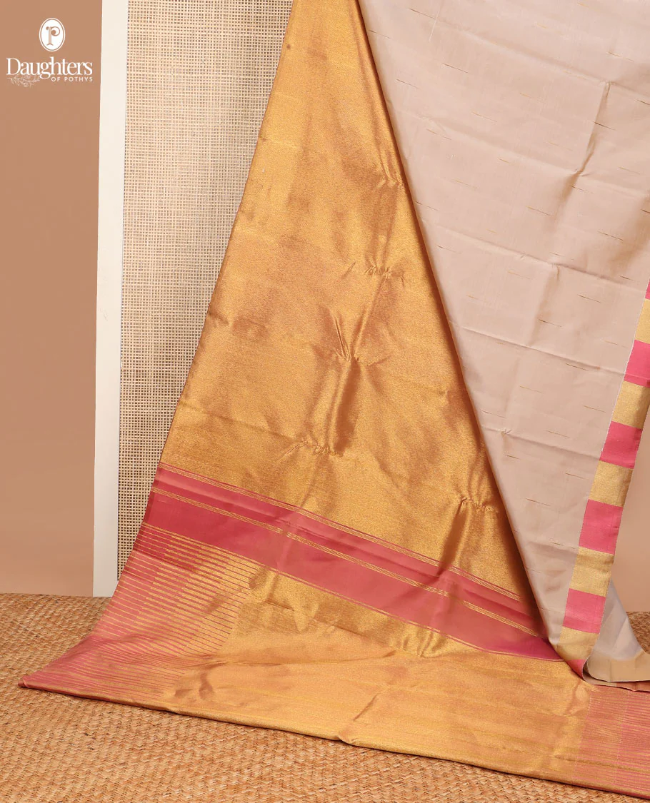 Borderless light sandal and pink half-and-half style Samudrika silk saree with thazampoo rekku design on its border part, and pallu of seppu rekku designs - Image 3