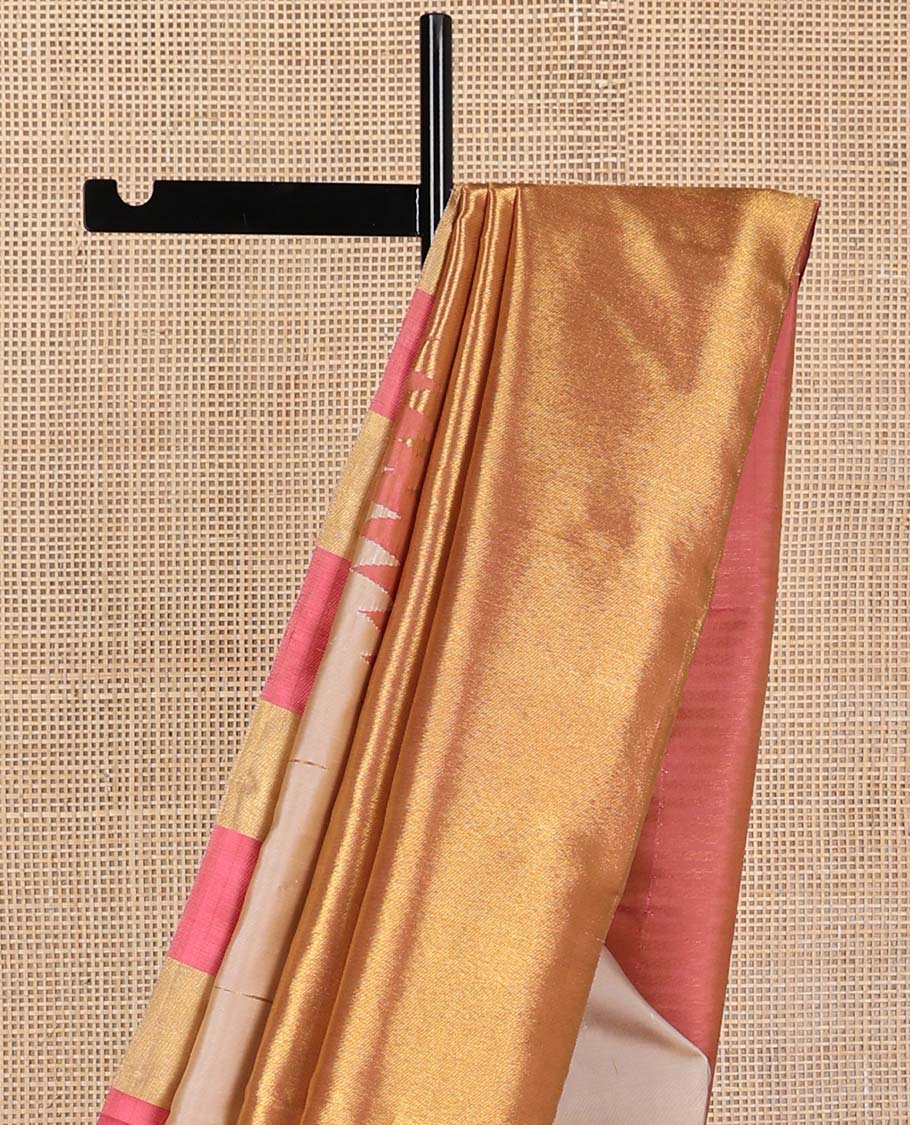 Borderless light sandal and pink half-and-half style Samudrika silk saree with thazampoo rekku design on its border part, and pallu of seppu rekku designs - Image 4